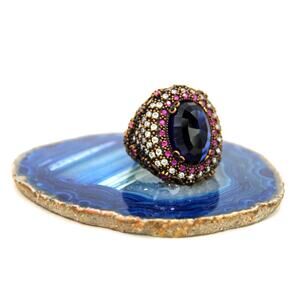 Sterling Silver Blue Glass Ruby and Topaz En-crested Cocktail Ring
